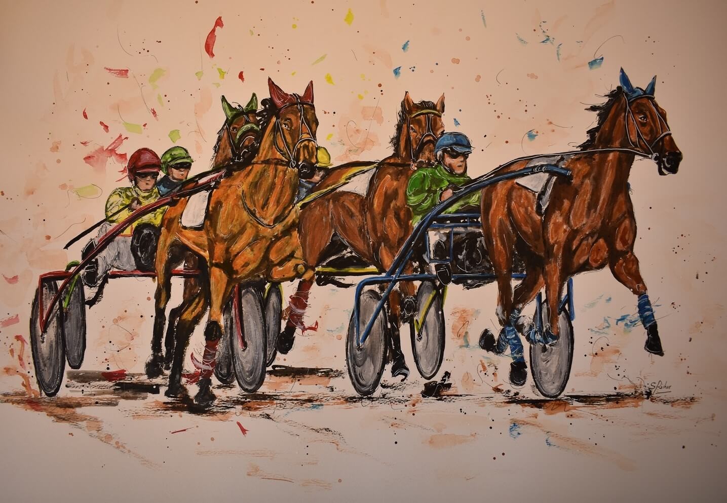 aquarelle les chevaux de severine richer course de trotteur format 65x48 (2)